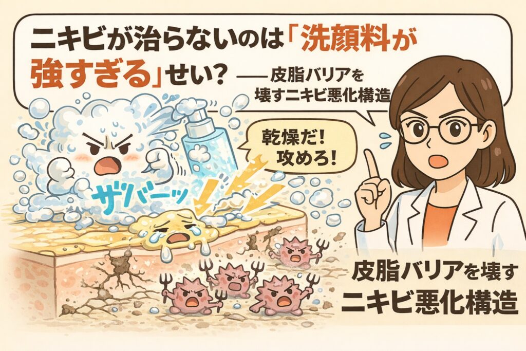 洗顔料が強すぎることでニキビが治らなくなる仕組みを描いたイラスト。過剰な洗浄により皮脂バリアが破壊され、乾燥した肌を守ろうとして炎症やニキビが悪化する構造を、泡のキャラクターと白衣の女性解説者が視覚的に説明している。