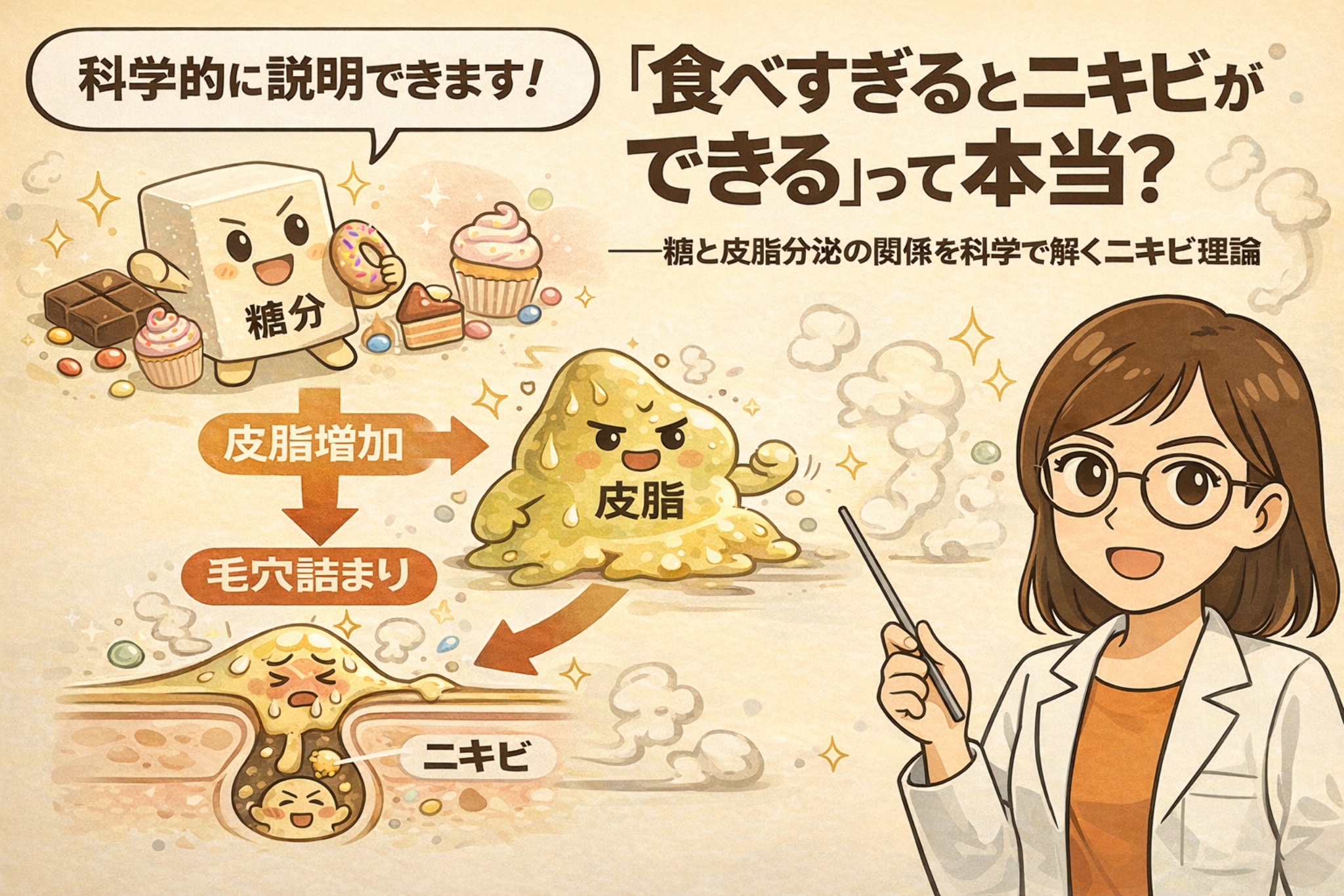 「食べすぎるとニキビができる」は本当かを科学的に解説したイラスト。糖分を多く摂取すると皮脂分泌が増え、毛穴詰まりを経てニキビができる流れを、擬人化された糖分と皮脂、毛穴断面図で示し、白衣を着た女性が指示棒で説明している。