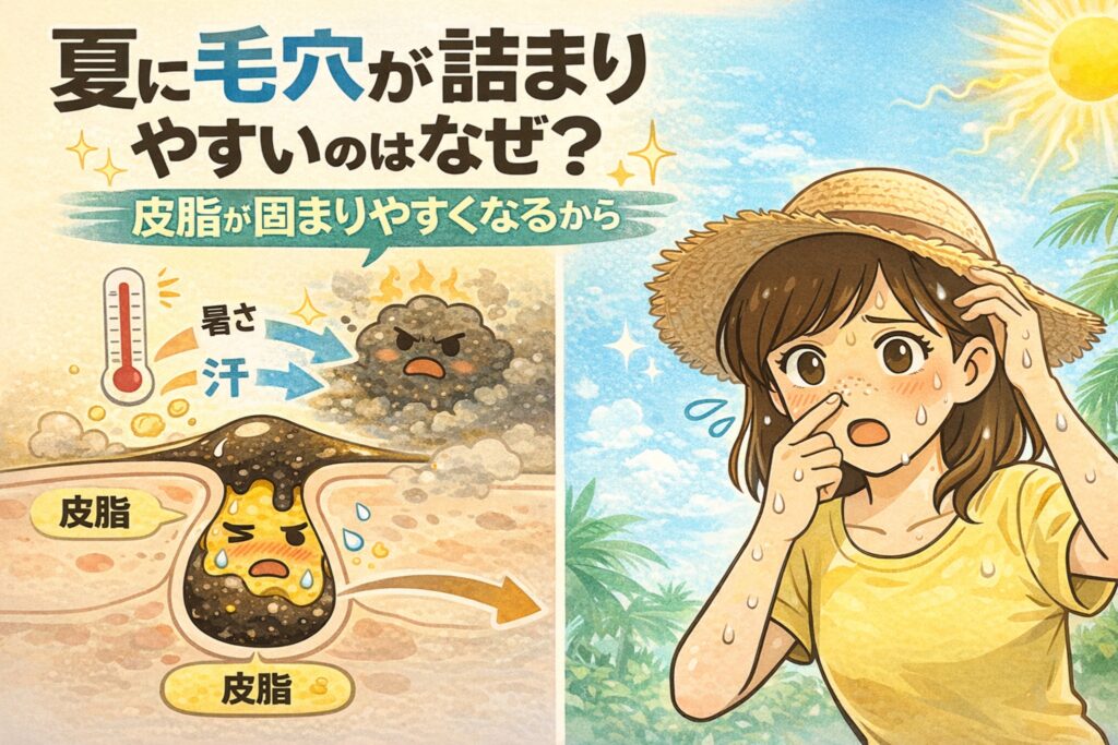 夏に毛穴が詰まりやすくなる理由を解説した図解イラスト。強い日差しと暑さの中で汗をかく女性が鼻を気にしており、左側の毛穴断面図では高温と汗の影響で皮脂が出やすくなり、時間とともに固まりやすくなる様子を擬人化キャラクターで表現している。夏場に毛穴詰まりが起こりやすい構造を分かりやすく示した教育的ビジュアル。