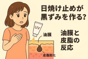「日焼け止めが黒ずみを作る？──油膜と皮脂の反応」を説明するイラスト。 左側には日焼け止めによる黒ずみを心配する女性。 右下の皮膚断面図では、日焼け止めの油膜が肌表面に残り、皮脂と混ざって酸化し、毛穴周りの黒ずみが目立ちやすくなる仕組みが描かれている。 油膜×皮脂の反応によって黒ずみが進行する様子を示す構成。
