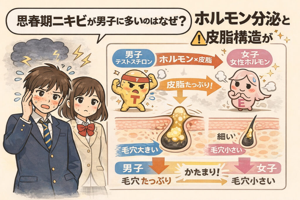 思春期ニキビが男子に多い理由を、男女のホルモン分泌と皮脂構造の違いで解説した図解イラスト。男子はテストステロンの影響で皮脂量が多く毛穴が大きくなり、角栓が詰まりやすい構造を示している。