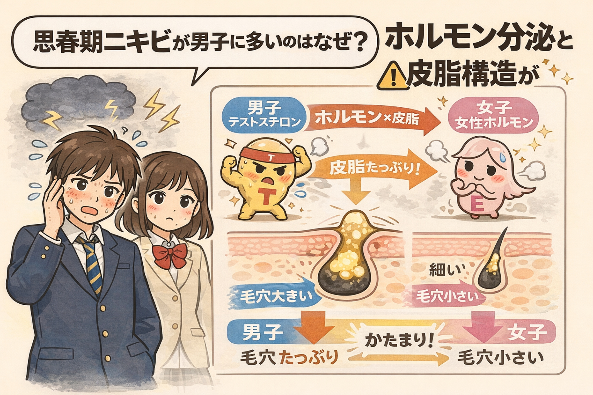 思春期ニキビが男子に多い理由を、男女のホルモン分泌と皮脂構造の違いで解説した図解イラスト。男子はテストステロンの影響で皮脂量が多く毛穴が大きくなり、角栓が詰まりやすい構造を示している。