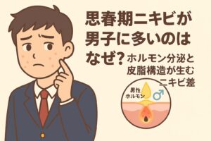 思春期ニキビが男子に多い理由を描いたイラスト。スーツ姿の男子学生が頬のニキビを気にしている。右下の毛穴断面図には「男性ホルモン」と書かれた黄色の滴と、ホルモンマーク(♂)が描かれ、皮脂分泌の増加と炎症を示している。テキストには「思春期ニキビが男子に多いのはなぜ? ホルモン分泌と皮脂構造が生むニキビ差」と記載されている。