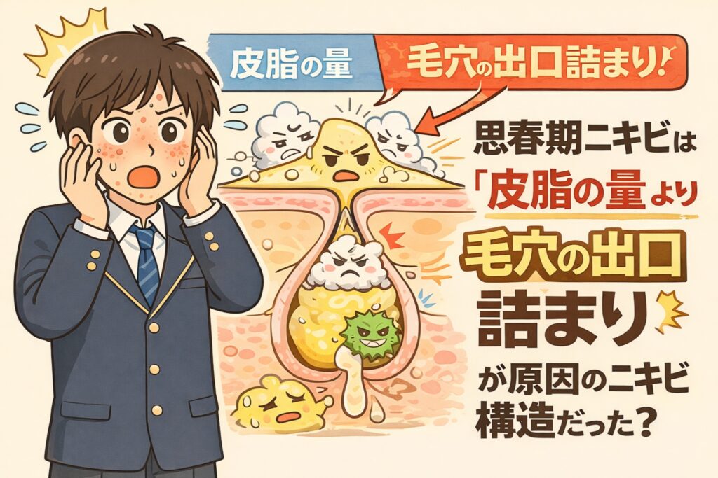 思春期ニキビの原因を解説するイラスト。制服姿の男子学生がニキビに悩む様子と、毛穴断面図が描かれている。皮脂の量そのものよりも、毛穴の出口が詰まることで皮脂や汚れが滞留し、ニキビが発生する構造を視覚的に示している。