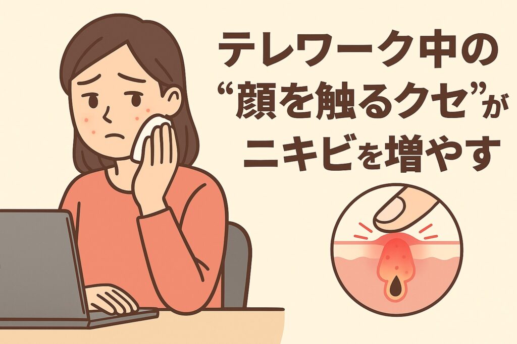 テレワーク中の“顔を触るクセ”によるニキビ悪化をテーマにしたイラスト。パソコン作業中の女性が頬のニキビを気にして顔を触っている。右下の毛穴断面図には指で触れる様子と炎症したニキビが描かれ、接触刺激による悪化のメカニズムを表している。テキストには「テレワーク中の“顔を触るクセ”がニキビを増やす」と書かれている。