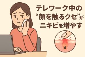 テレワーク中の“顔を触るクセ”によるニキビ悪化をテーマにしたイラスト。パソコン作業中の女性が頬のニキビを気にして顔を触っている。右下の毛穴断面図には指で触れる様子と炎症したニキビが描かれ、接触刺激による悪化のメカニズムを表している。テキストには「テレワーク中の“顔を触るクセ”がニキビを増やす」と書かれている。