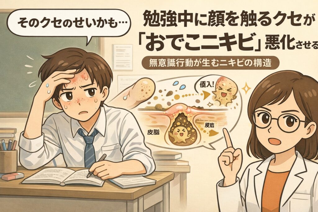 勉強中に無意識で顔やおでこを触るクセが、ニキビを悪化させる仕組みを解説する図解イラスト。机に向かって勉強する男子学生が額に手を当てて悩む様子と、指先から皮脂や雑菌が毛穴に入り込む毛穴断面の拡大図が描かれている。右側では白衣と眼鏡の女性が「無意識行動が生むニキビの構造」を指差しで説明しており、おでこニキビの原因が生活習慣にあることを分かりやすく示した教育用ビジュアル。