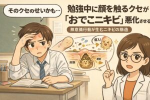 勉強中に無意識で顔やおでこを触るクセが、ニキビを悪化させる仕組みを解説する図解イラスト。机に向かって勉強する男子学生が額に手を当てて悩む様子と、指先から皮脂や雑菌が毛穴に入り込む毛穴断面の拡大図が描かれている。右側では白衣と眼鏡の女性が「無意識行動が生むニキビの構造」を指差しで説明しており、おでこニキビの原因が生活習慣にあることを分かりやすく示した教育用ビジュアル。