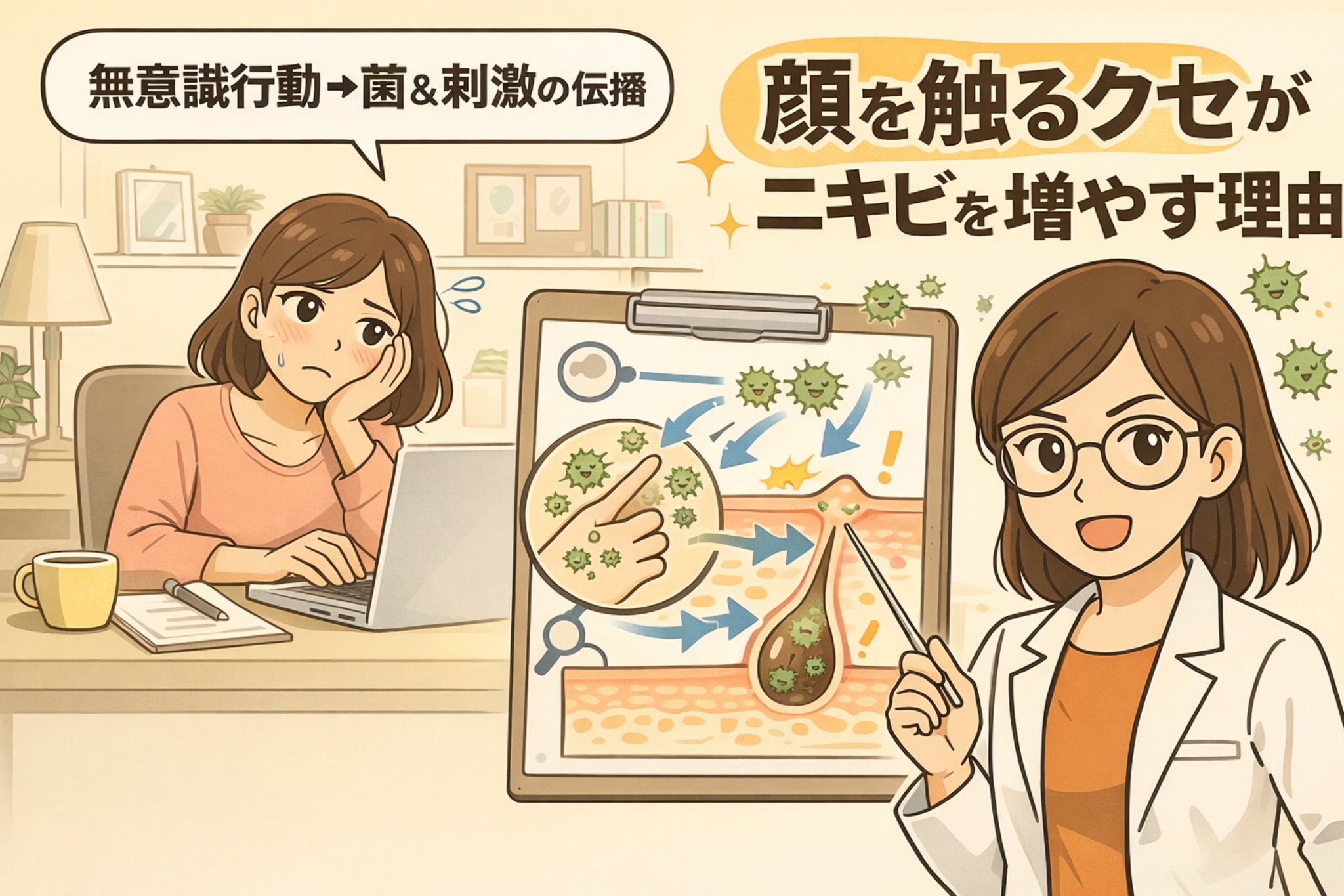 無意識に顔を触るクセがニキビを増やす理由を解説した図解イラスト。デスク作業中に頬に手を当てる女性と、手に付着した菌や刺激が毛穴へ運ばれる流れを、矢印付きの模式図と毛穴断面図で表現している。解説役の女性が、接触による菌の伝播と炎症発生のメカニズムを分かりやすく説明する教育的ビジュアル。