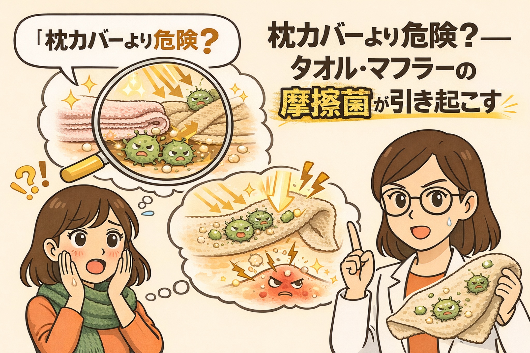 枕カバーよりも危険とされるタオルやマフラーによる摩擦菌の影響を解説するイラスト。タオル繊維に潜む菌が肌に摩擦刺激を与え、赤く炎症したニキビを引き起こす仕組みを、驚く女性と白衣の女性キャラクターが説明している。