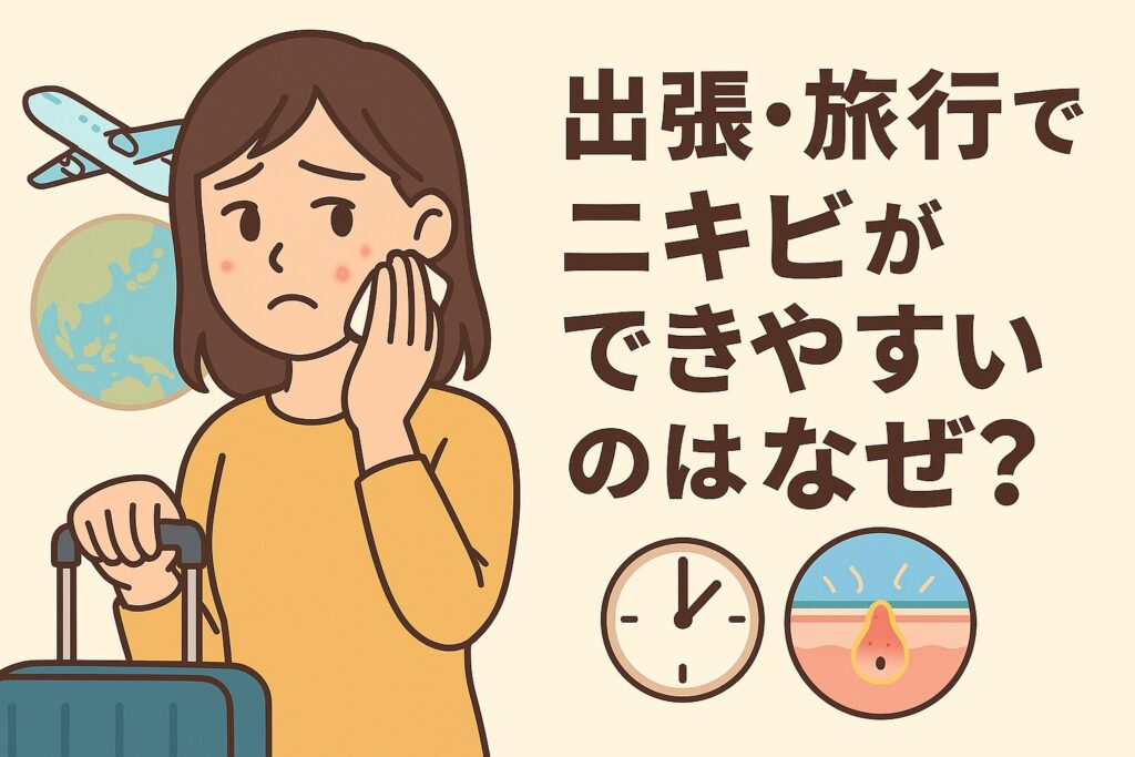 出張や旅行でニキビができやすくなる原因をテーマにしたイラスト。スーツケースを持った女性が頬のニキビを気にしている。背景には飛行機と地球のイラスト、右下には時計と毛穴断面図があり、生活リズムの乱れや環境変化がニキビを誘発することを表している。テキストには「出張・旅行でニキビができやすいのはなぜ？」と書かれている。
