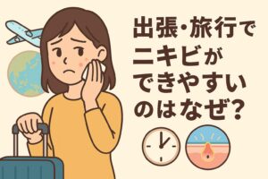出張や旅行でニキビができやすくなる原因をテーマにしたイラスト。スーツケースを持った女性が頬のニキビを気にしている。背景には飛行機と地球のイラスト、右下には時計と毛穴断面図があり、生活リズムの乱れや環境変化がニキビを誘発することを表している。テキストには「出張・旅行でニキビができやすいのはなぜ？」と書かれている。
