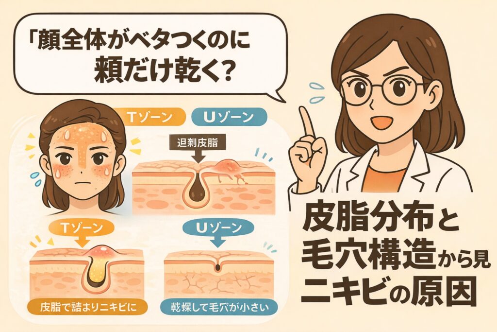 顔全体はベタつくのに頬だけ乾燥する理由を、TゾーンとUゾーンの皮脂分布と毛穴構造で解説したイラスト。白衣の女性が説明し、皮脂過剰によるニキビと乾燥による毛穴の違いを図解している。