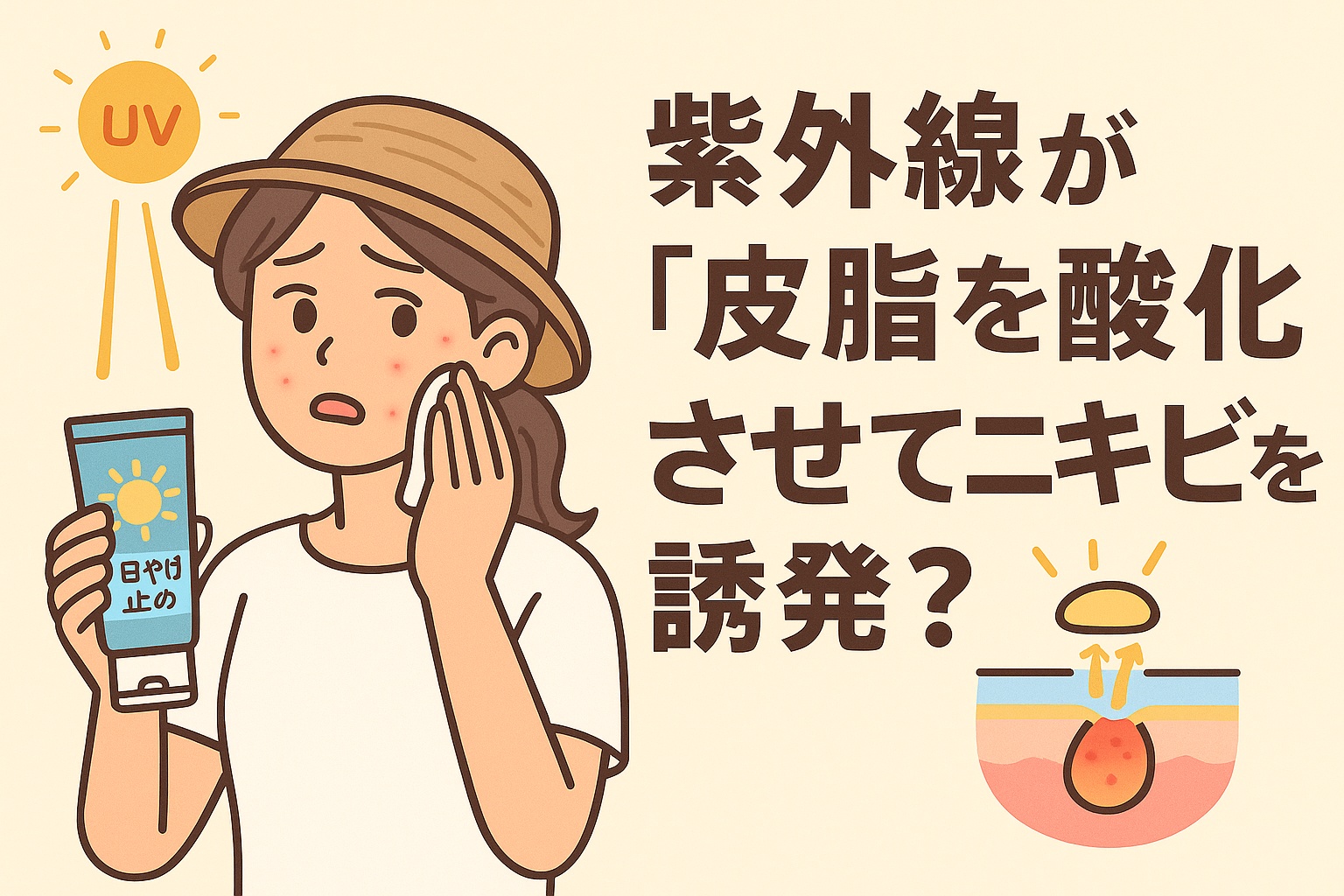 紫外線が皮脂を酸化させてニキビを誘発する可能性をテーマにしたイラスト。帽子をかぶった女性が日焼け止めを手に持ち、頬のニキビを気にしている。左上には「UV」と描かれた太陽、右下の毛穴断面図では皮脂が紫外線を浴びて酸化し、炎症を起こす様子が示されている。テキストには「紫外線が『皮脂を酸化させてニキビを誘発?』」と書かれている。