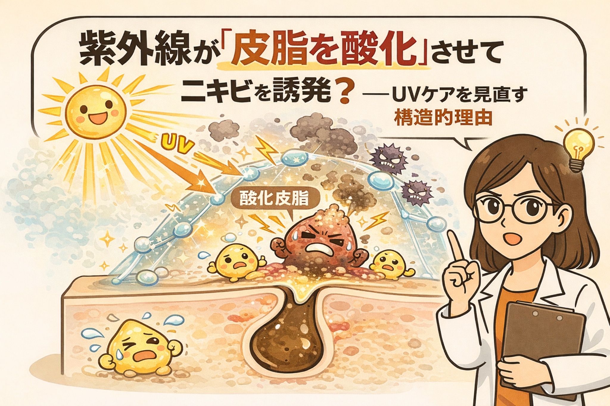 紫外線が皮脂を酸化させてニキビを誘発する仕組みを解説したイラスト。UVが毛穴上部に当たり、皮脂が酸化して炎症を起こす様子を毛穴断面図で表現。酸化皮脂とアクネ菌の増加、バリア低下の関係を示し、白衣の女性がUVケアを見直す重要性を構造的に解説している。