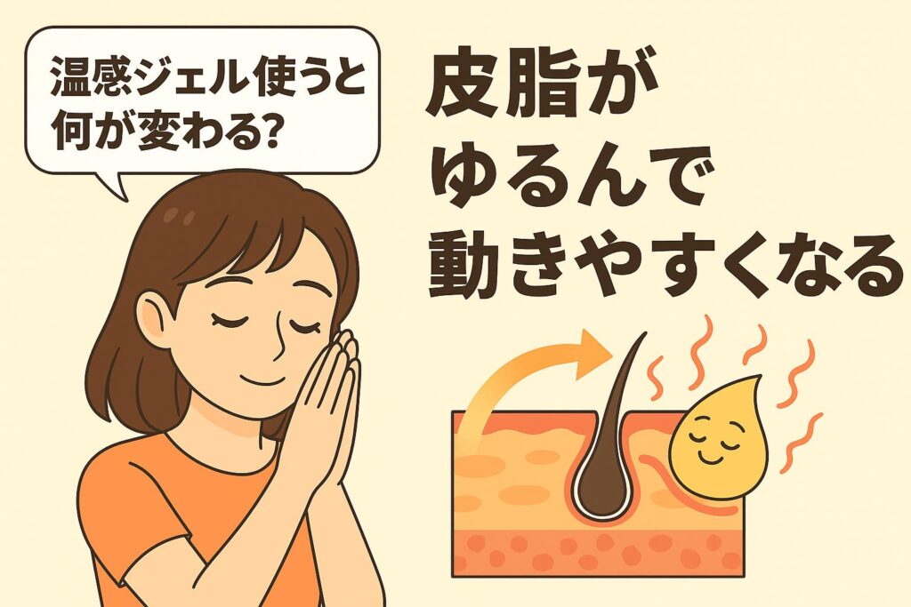 「温感ジェル使うと何が変わる？──皮脂がゆるんで動きやすくなる」を説明するイラスト。左側には温感ジェルの心地よさに満足している女性。右側の皮膚断面図では、温感によって皮脂が柔らかくなり、矢印に沿って動きやすくなる様子が描かれている。温感ジェルが毛穴づまり予防に役立つ仕組みを視覚的に示した図。