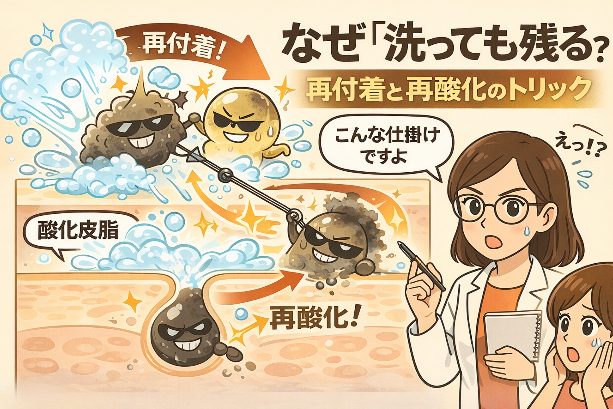 「洗っても黒ずみが残る理由」を、再付着と再酸化の仕組みで解説した図解イラスト。洗顔で一度落ちた皮脂や汚れが再び毛穴に付着し、時間とともに酸化して黒ずみへ戻る過程を、擬人化キャラクターと矢印で表現している。白衣の専門家が説明し、洗顔だけでは黒ずみが解決しにくい構造的な理由を視覚的に示している。