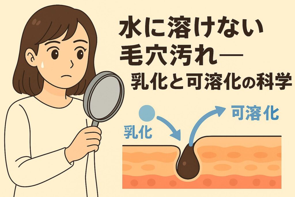 「毛穴に溶けない皮脂汚れをルーペで観察するちふゆ。下には皮膚断面図があり、“乳化”と“可溶化”の流れを矢印で示した構造解説。毛穴汚れ・クレンジングの科学を説明するアイキャッチ画像。」