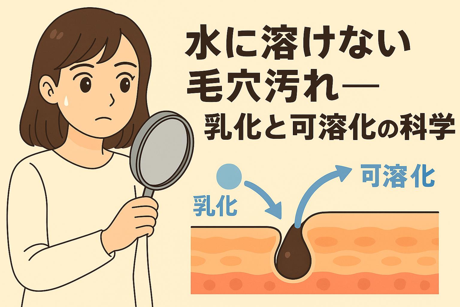 「毛穴に溶けない皮脂汚れをルーペで観察するちふゆ。下には皮膚断面図があり、“乳化”と“可溶化”の流れを矢印で示した構造解説。毛穴汚れ・クレンジングの科学を説明するアイキャッチ画像。」