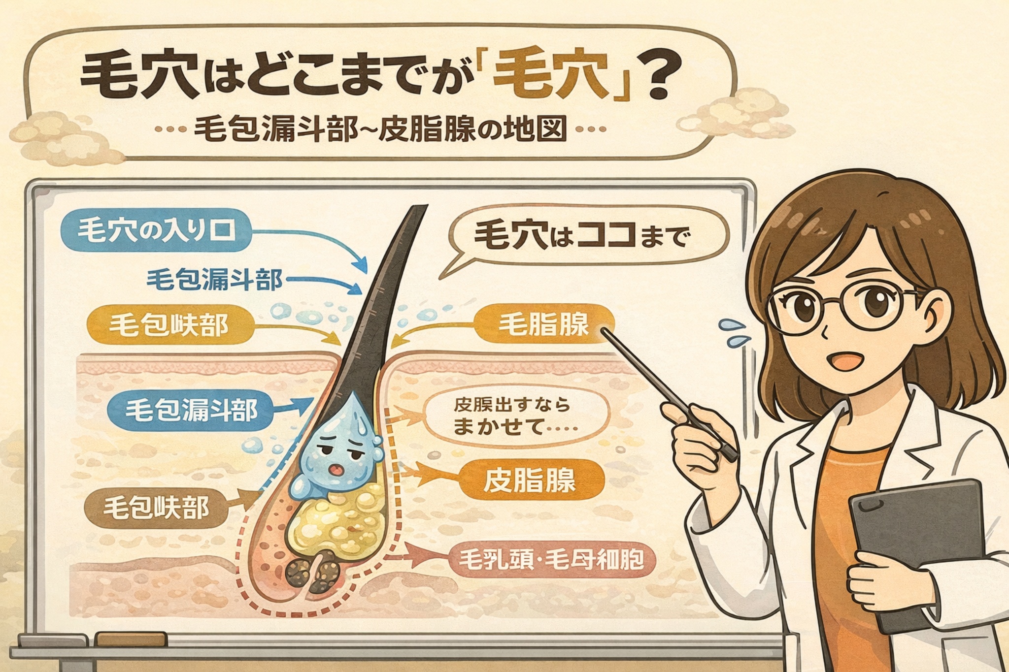 毛穴はどこまでを指すのかを解剖学的に解説したイラスト。毛穴の入口から毛包漏斗部、毛包峡部、皮脂腺、毛乳頭・毛母細胞までの構造を断面図で示し、「毛穴」と呼ばれる範囲が皮脂腺の手前までであることを白衣を着た女性が指示棒で説明している。毛穴構造を正しく理解するためのマップとして視覚化されている。