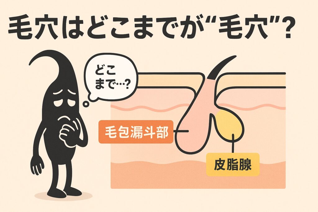 「毛穴はどこまでが毛穴なのか？」をテーマにしたイラスト。左には困惑した表情の黒いキャラクターが立ち、「どこまで…？」と考えている吹き出し付き。右には毛穴の断面図が描かれ、「毛包漏斗部」「皮脂腺」とラベルが付けられ、毛穴構造の深部を示している。テキストには「毛穴はどこまでが“毛穴”？」と書かれている。