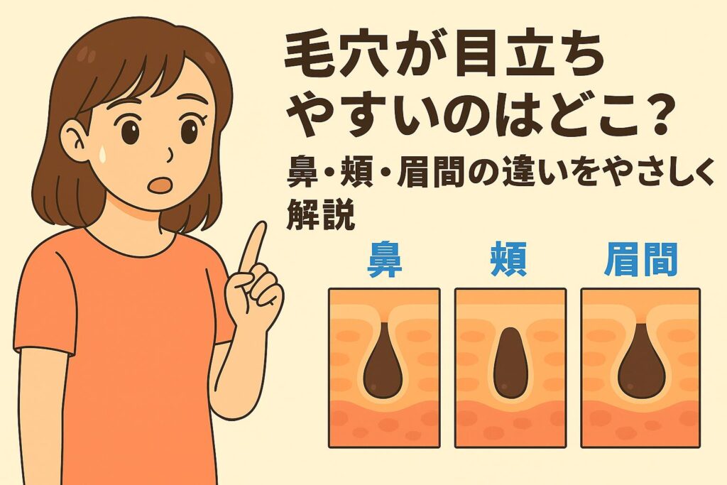 「毛穴が目立ちやすいのはどこ？──鼻・頬・眉間の違いをやさしく解説」をテーマにしたイラスト。左側では女性が指を立てて説明するポーズをとり、右側には鼻・頬・眉間それぞれの皮膚断面図が並んで描かれている。各部位ごとに毛穴の形や深さが異なり、どの場所が毛穴目立ちしやすいかを比較しやすくした図解構成。