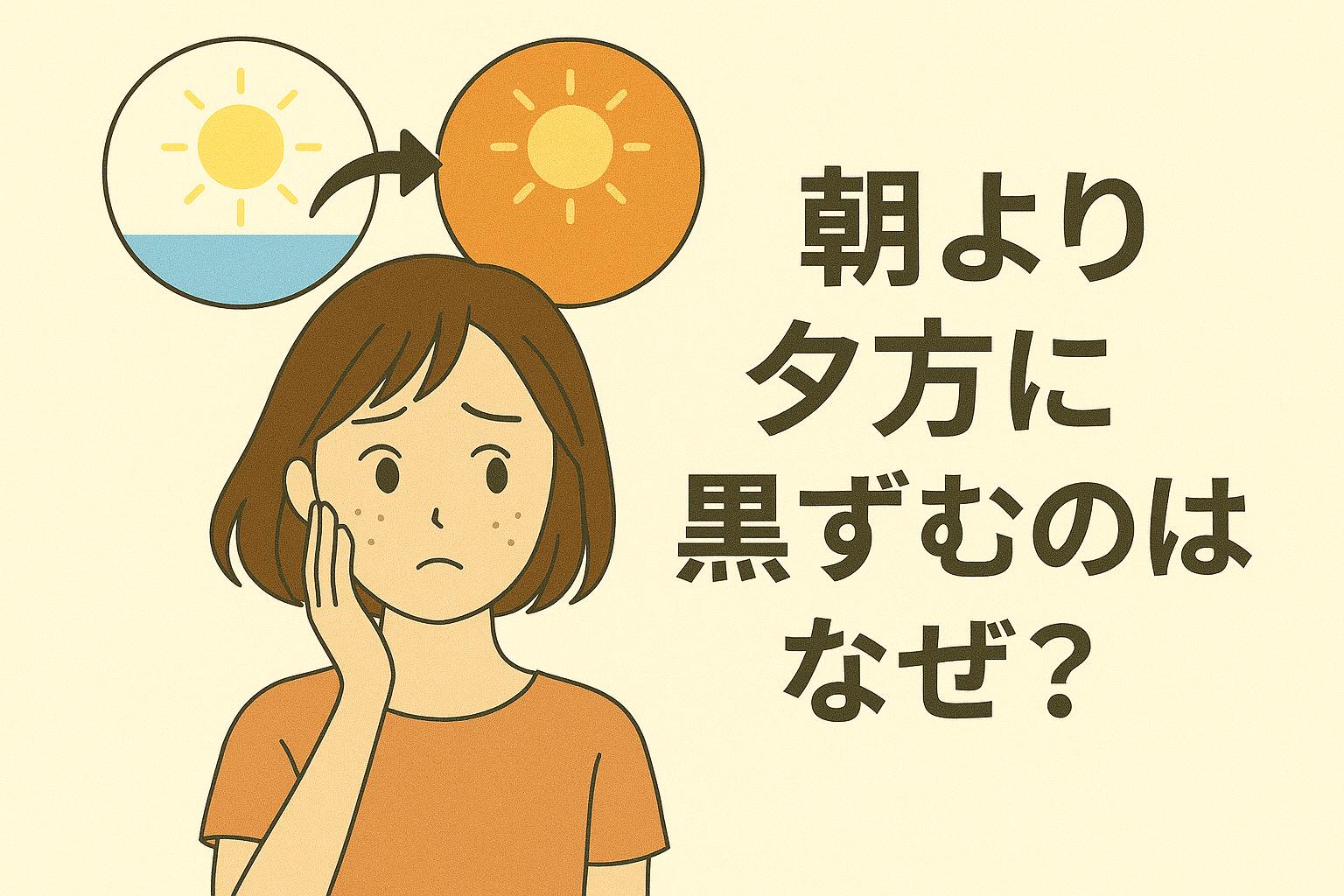 「朝より夕方に黒ずむのはなぜ?」を説明するイラスト。 左側には、時間の経過(日中→夕方)とともに黒ずみが濃く見えることに悩む女性。 上部には“朝の太陽”から“夕方の太陽”へ移り変わるアイコンが描かれ、右側にはタイトルが大きく配置されている。 日中の皮脂酸化、乾燥、汚れの付着などが積み重なり、夕方になるほど毛穴の黒ずみが目立ちやすくなる背景を示唆する構図。