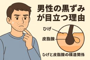 「男性の黒ずみが目立つ理由──ひげと皮脂腺の構造関係」を説明するイラスト。 左側にはひげ周りの黒ずみを気にする男性。 右側の円形皮膚断面図には、太いひげが生える毛包の構造と、大きな皮脂腺が隣接している様子が描かれ、男性はひげと皮脂の影響で黒ずみが強調されやすいことを視覚的に示している。