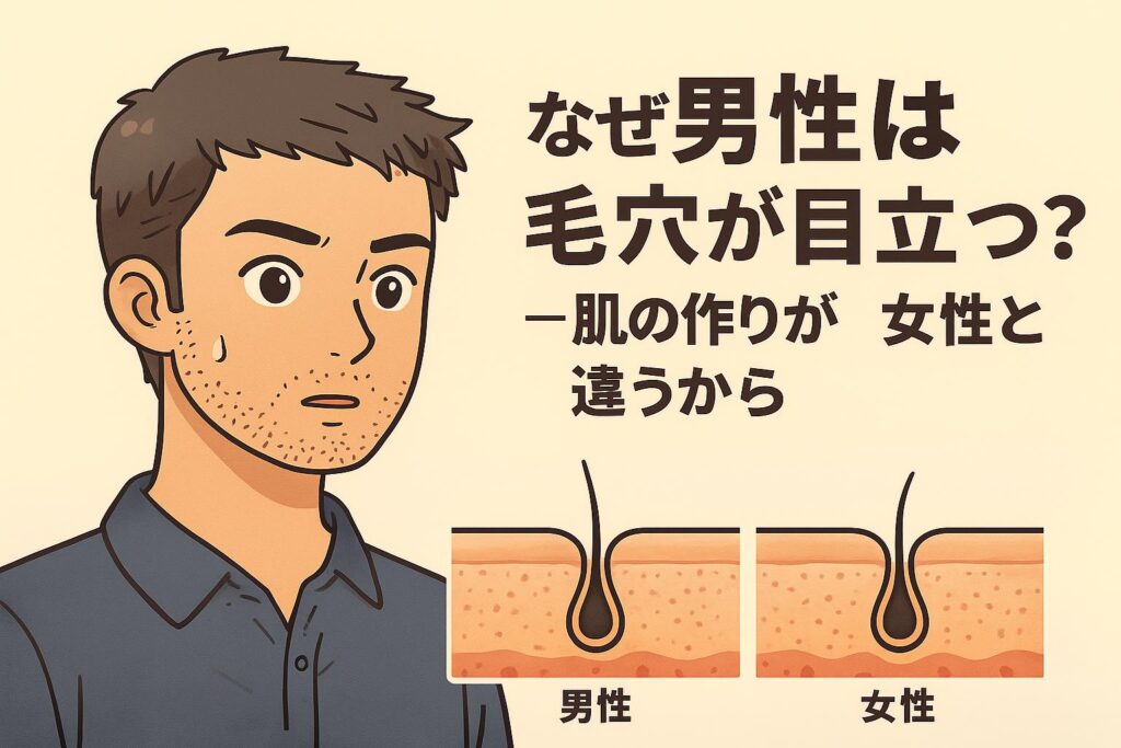 「なぜ男性は毛穴が目立つ？──肌の作りが女性と違うから」を説明するイラスト。左側には毛穴の目立ちを気にする男性。右側の皮膚断面図では、男性と女性の毛穴構造の違いが並べて描かれ、男性の方が毛穴が深く太く見えやすい特徴を示している。男性特有の皮脂分泌量や毛包の構造が毛穴の見え方に影響することを視覚化した図。
