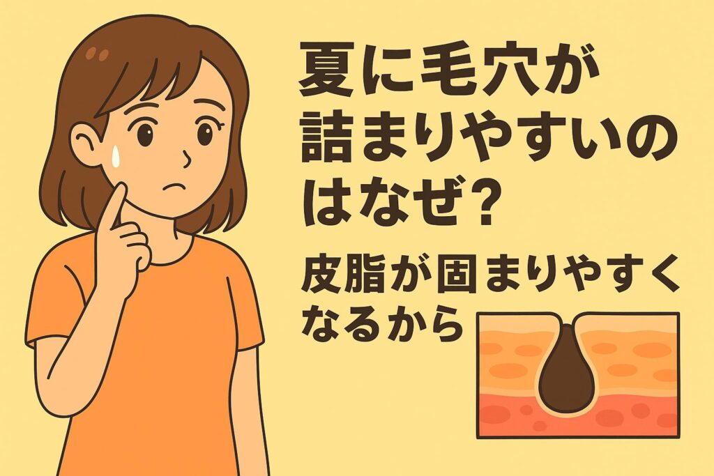 「夏に毛穴が詰まりやすいのはなぜ？──皮脂が固まりやすくなるから」を説明するイラスト。左側には夏の毛穴トラブルを気にする女性が描かれ、右側には皮膚断面図があり、気温や湿度の変化で皮脂が固まりやすくなり、毛穴詰まりを引き起こしやすい様子が示されている。夏に起きる皮脂の硬化と毛穴トラブルの関係を視覚化した図。