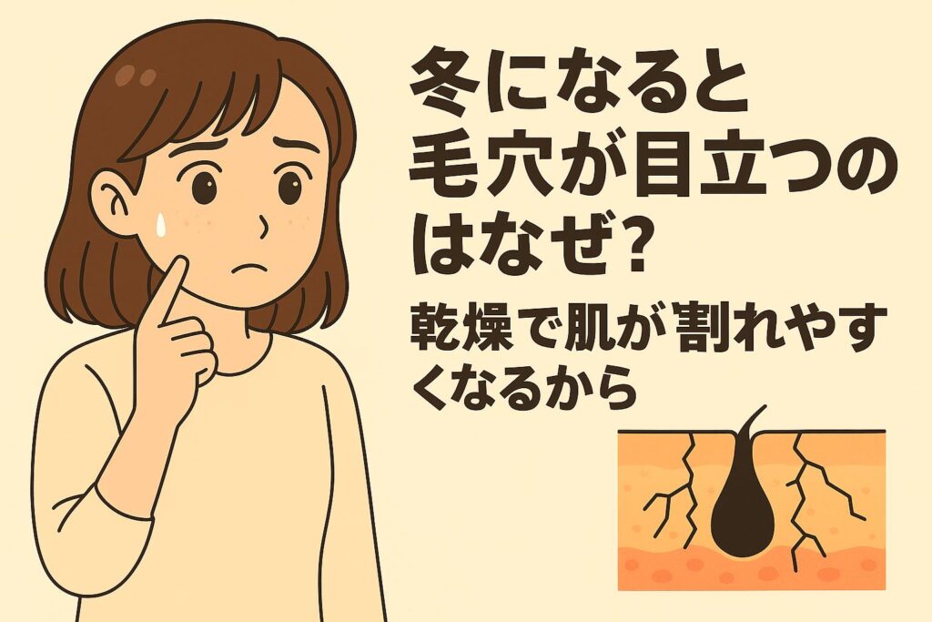 「冬になると毛穴が目立つのはなぜ？──乾燥で肌が割れやすくなるから」をテーマにしたイラスト。左側には冬の乾燥によって毛穴の目立ちを気にする女性が描かれている。右側の皮膚断面図では、乾燥で角層にひび割れが生じ、毛穴まわりに影や段差ができて毛穴が強調される様子が示されている。冬の乾燥が毛穴の見え方に影響する仕組みを視覚化した図。
