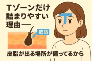 「Tゾーンだけ詰まりやすい理由──皮脂が出る場所が偏っているから」を説明するイラスト。右側にはTゾーンに青いマークをつけた女性。左側の皮膚断面図では、Tゾーンに多い皮脂分泌によって毛穴が詰まりやすくなる様子が描かれている。皮脂量の分布差がTゾーンの毛穴詰まりに影響することを視覚的に示した図。