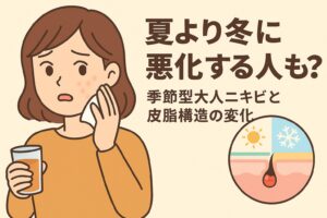 季節によって悪化する大人ニキビをテーマにしたイラスト。黄色い服の女性が頬のニキビを気にしながら飲み物を持っている。右下の毛穴断面図には太陽と雪のマークが描かれ、季節による皮脂構造の変化と乾燥の影響を示している。テキストには「夏より冬に悪化する人も？季節型大人ニキビと皮脂構造の変化」と書かれている。