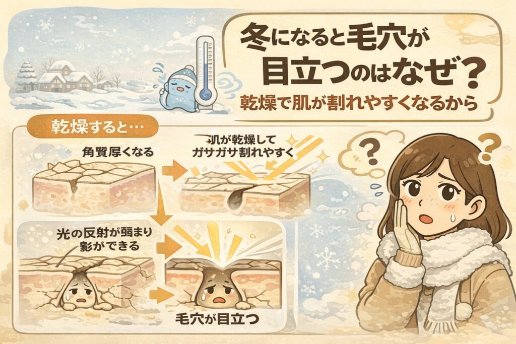 冬に毛穴が目立ちやすくなる理由を解説するイラスト。気温低下と乾燥によって角質が厚くなり、肌表面がガサついて割れやすくなることで光の反射が乱れ、毛穴の影が強調される流れを図解。雪景色を背景に、頬を触って悩む女性と、乾燥による毛穴断面の変化が分かりやすく描かれている。