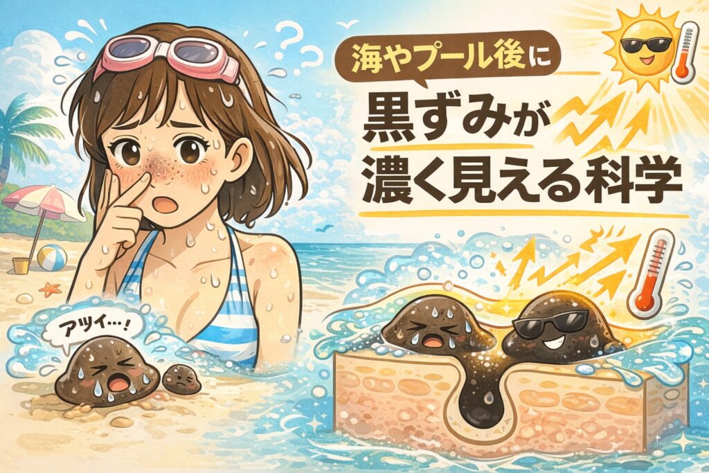 海やプールの後に鼻の黒ずみが濃く見える理由を解説した図解イラスト。水着姿の女性が日差しの強い海辺で鼻を気にしており、右側の断面図では水分・紫外線・温度上昇によって毛穴内の皮脂や角栓が強調され、黒ずみが目立って見える仕組みを擬人化キャラクターで表現している。夏のレジャー後に黒ずみが目立つ科学的理由を分かりやすく伝える教育的ビジュアル。