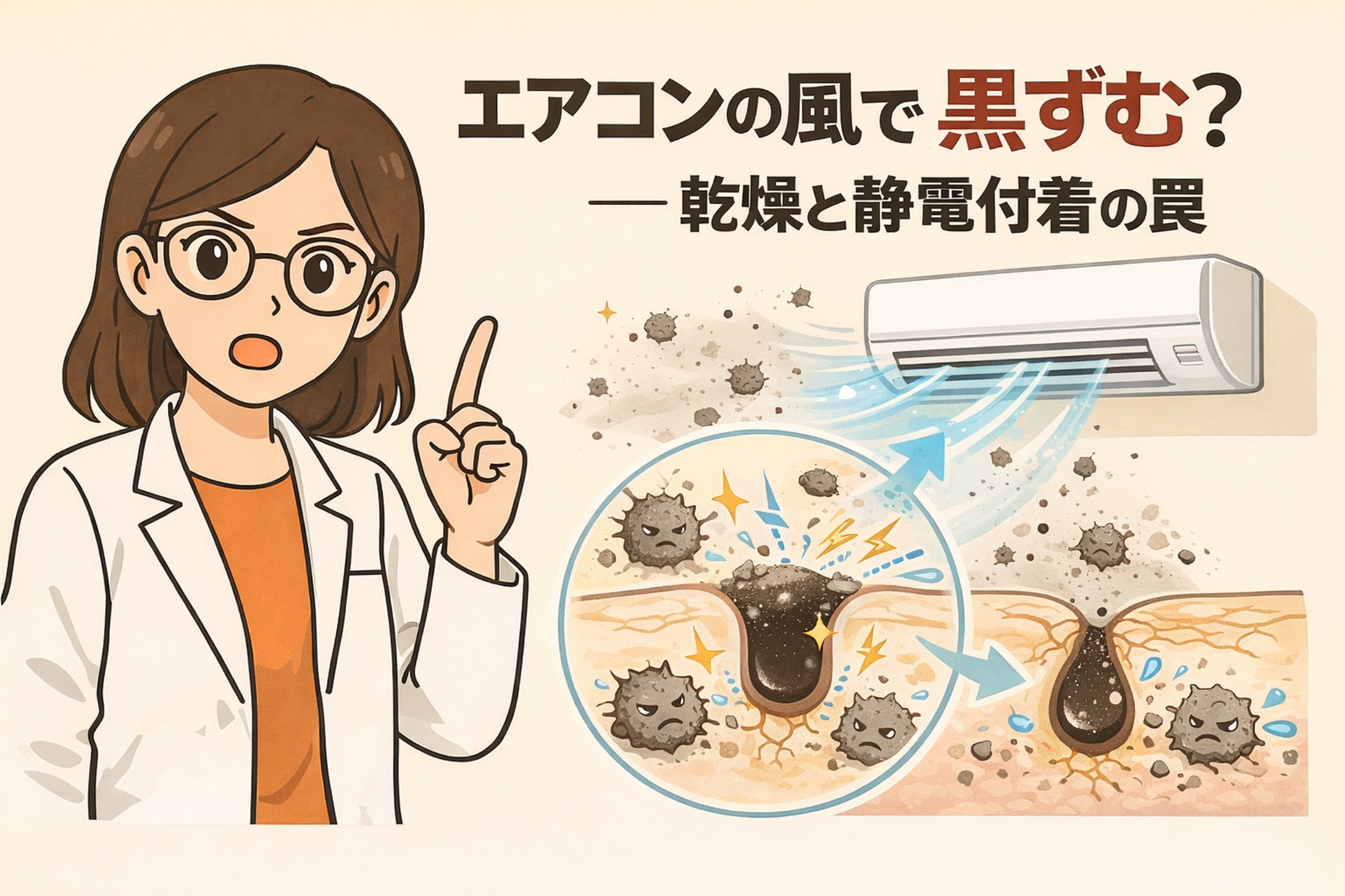 エアコンの風によって黒ずみが目立ちやすくなる理由を解説した図解イラスト。白衣の解説役の女性と、エアコンの送風による乾燥・静電気で微粒子が毛穴周辺に付着する様子を、毛穴断面図と擬人化キャラクターで表現している。乾燥と静電気付着が重なり、黒ずみが強調される仕組みを分かりやすく示した教育的ビジュアル。