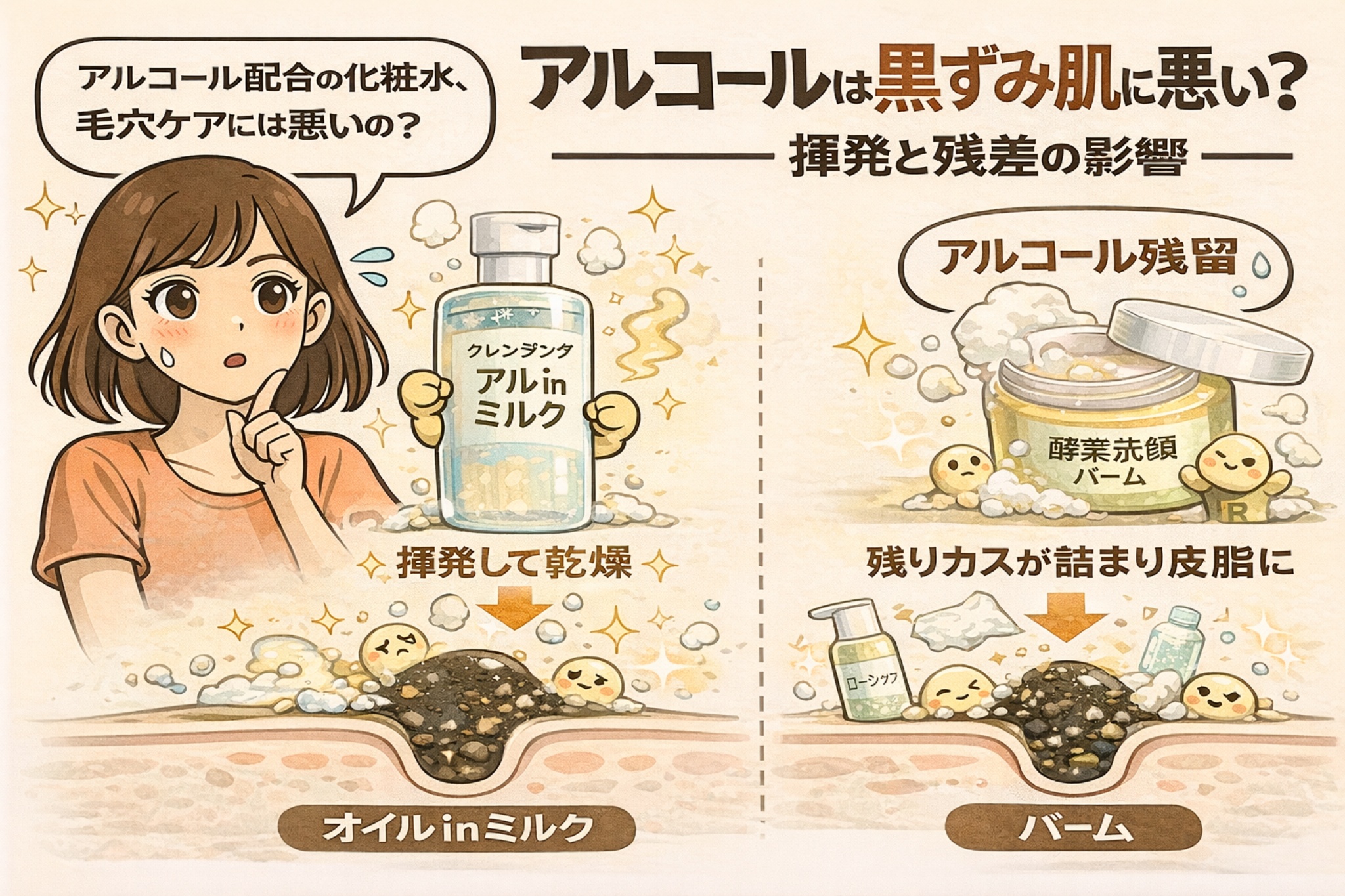 アルコール配合アイテムが黒ずみ肌に与える影響を、揮発と残留の違いで解説するイラスト。左はアルコール配合のオイルinミルクで、揮発によって肌表面が乾燥し、毛穴内の皮脂が固まりやすくなる様子が描かれている。右はアルコール残留のあるバーム系で、残った成分が毛穴にとどまり皮脂と混ざって詰まりやすくなる状態が示されている。アルコールは即時の使用感だけでなく、黒ずみへの影響を考慮する必要があることを視覚的に説明する構図。