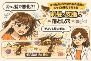 前髪や髪の毛の接触が、手で触る以上にニキビや毛穴詰まりを悪化させる仕組みを解説した図解イラスト。前髪が肌に触れて皮脂や汚れ、雑菌が毛穴に落ち込む様子を断面図で示し、毛穴詰まりが進行する流れを擬人化キャラクターで表現している。右側では白衣の解説役が注意点を説明し、前髪×皮脂の関係による肌トラブルを分かりやすく伝える教育的ビジュアル。