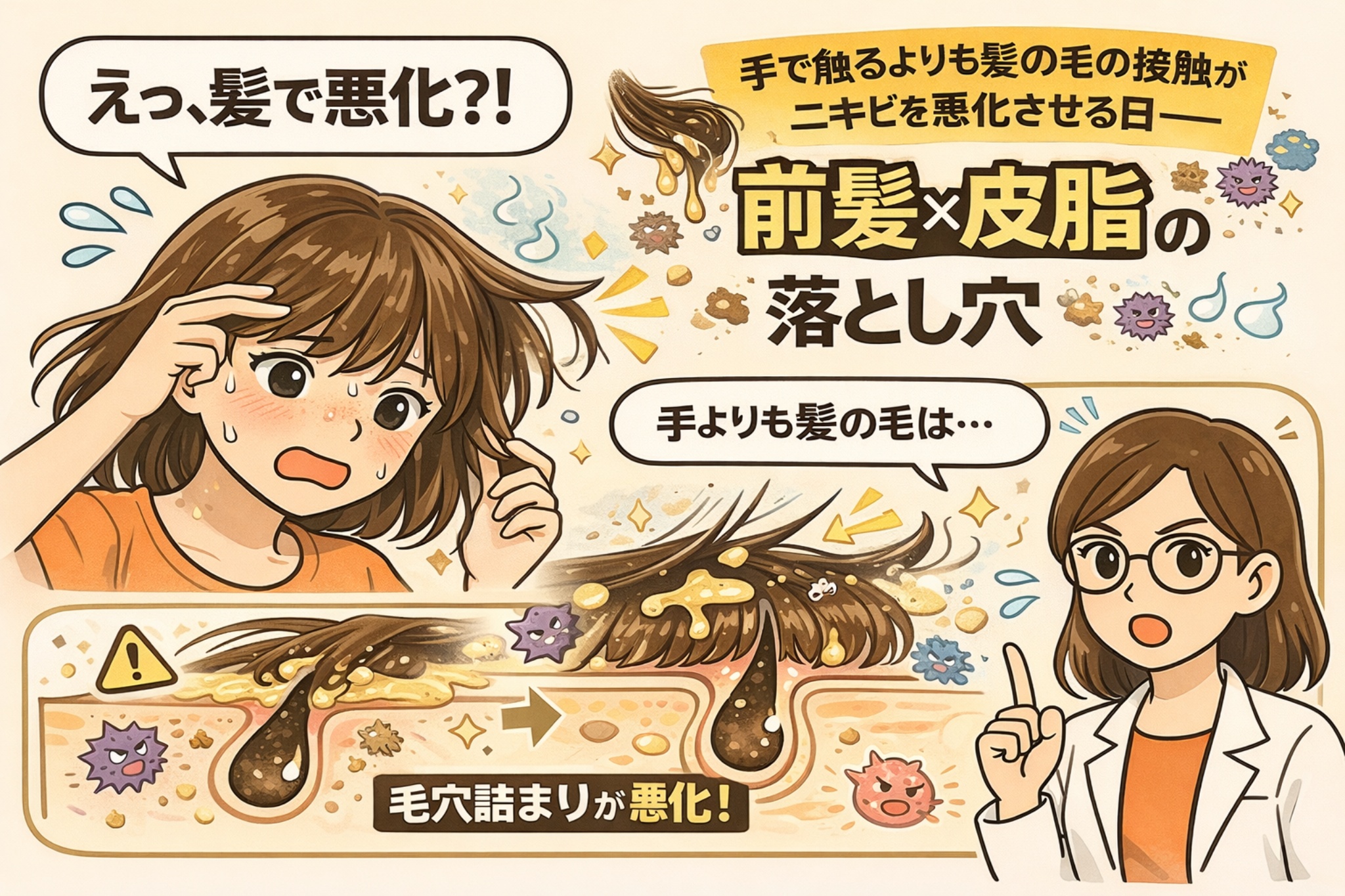 前髪や髪の毛の接触が、手で触る以上にニキビや毛穴詰まりを悪化させる仕組みを解説した図解イラスト。前髪が肌に触れて皮脂や汚れ、雑菌が毛穴に落ち込む様子を断面図で示し、毛穴詰まりが進行する流れを擬人化キャラクターで表現している。右側では白衣の解説役が注意点を説明し、前髪×皮脂の関係による肌トラブルを分かりやすく伝える教育的ビジュアル。