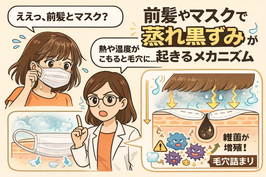 前髪やマスクによって毛穴周辺が蒸れ、黒ずみが起きやすくなる仕組みを解説した図解イラスト。マスクを着けた女性と白衣の解説役が登場し、前髪やマスク内部に熱と湿度がこもることで、毛穴内で雑菌が増殖し角栓が詰まりやすくなる流れを、皮膚断面図と擬人化キャラクターで表現している。蒸れ黒ずみのメカニズムをやさしく説明する教育的ビジュアル。