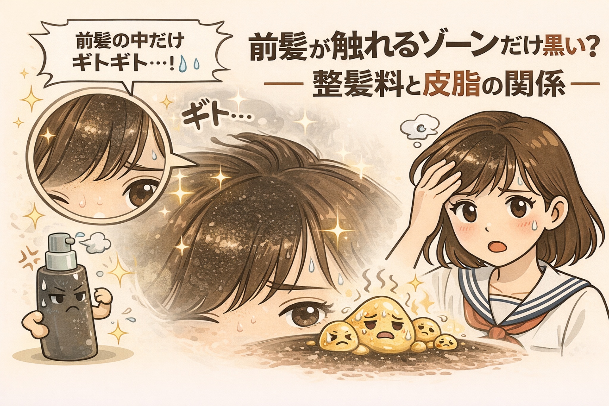 前髪が触れるゾーンだけ黒ずみやすい理由を、整髪料と皮脂の関係から解説するイラスト。前髪の生え際に皮脂やスタイリング剤が付着してテカりやすくなり、毛穴に汚れが集まりやすい様子が描かれている。整髪料のボトルと皮脂のキャラクターが並び、前髪が触れる刺激や油分が黒ずみを強調する仕組みを示している。右側では前髪を触って気にする女性が描かれ、部分的な黒ずみの原因を視覚的に説明する構図。