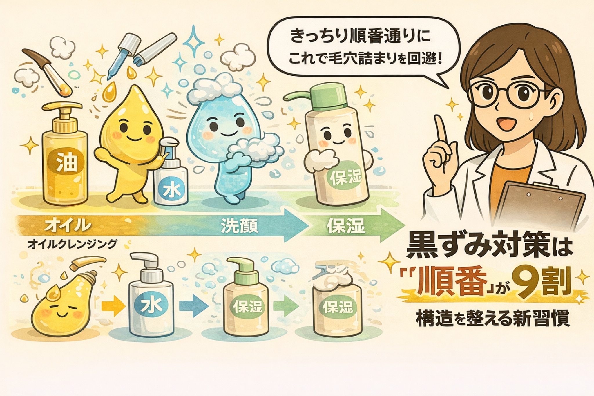 黒ずみ対策における正しいスキンケアの順番を解説するイラスト。左からオイルクレンジング、洗顔、水分ケア、保湿の順でキャラクターが並び、毛穴詰まりを防ぐ流れが矢印で示されている。右側では白衣を着た女性が「きっちり順番通りに。これで毛穴詰まりを回避！」と説明し、「黒ずみ対策は順番が9割」というメッセージを強調している構図。