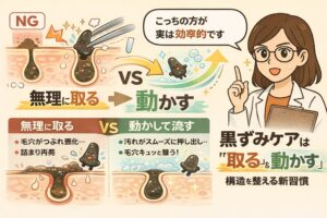 黒ずみケアの正しい考え方を解説するイラスト。左側にピンセットで角栓を無理に取る「NG」例が描かれ、毛穴が傷つき詰まりが再発する様子が示されている。中央で「無理に取る vs 動かす」の対比があり、右側では角栓を動かして流すことで毛穴が整うイメージが描かれている。白衣の女性が「こちらの方が実は効率的です」と説明し、黒ずみケアは「取る」より「動かす」発想が重要であることを伝える構図。