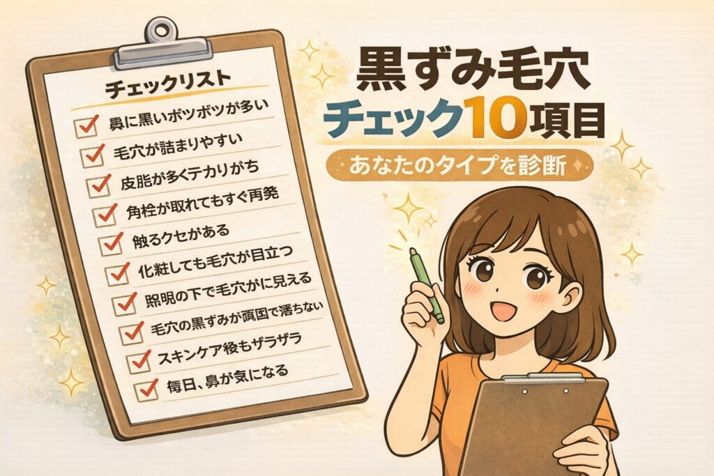 黒ずみ毛穴のタイプを診断するための「チェック10項目」をまとめたイラスト。鼻の黒いポツポツ、毛穴の詰まりやすさ、皮脂の多さ、再発しやすさなどの項目がチェックリスト形式で並び、クリップボードを持った女性が診断をサポートしている。