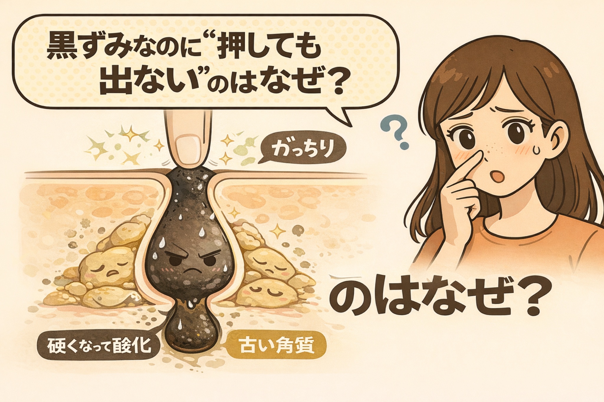 黒ずみを押しても出ない理由を解説した図解イラスト。酸化して硬くなった角栓と古い角質が毛穴内で固着している様子を断面図で示し、指で押しても動かない構造を分かりやすく表現している。