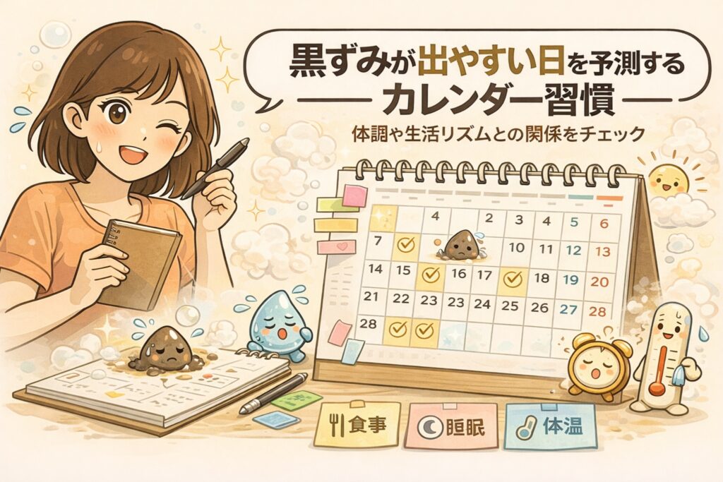 黒ずみが出やすい日を予測するための「カレンダー習慣」を解説するイラスト。左では女性が手帳にメモを取りながら肌状態を記録し、右にはチェックマーク付きのカレンダーが描かれている。下部には食事・睡眠・体温など生活リズムのアイコンが並び、体調や生活習慣と黒ずみ発生の関係を可視化して管理する考え方を示している構図。