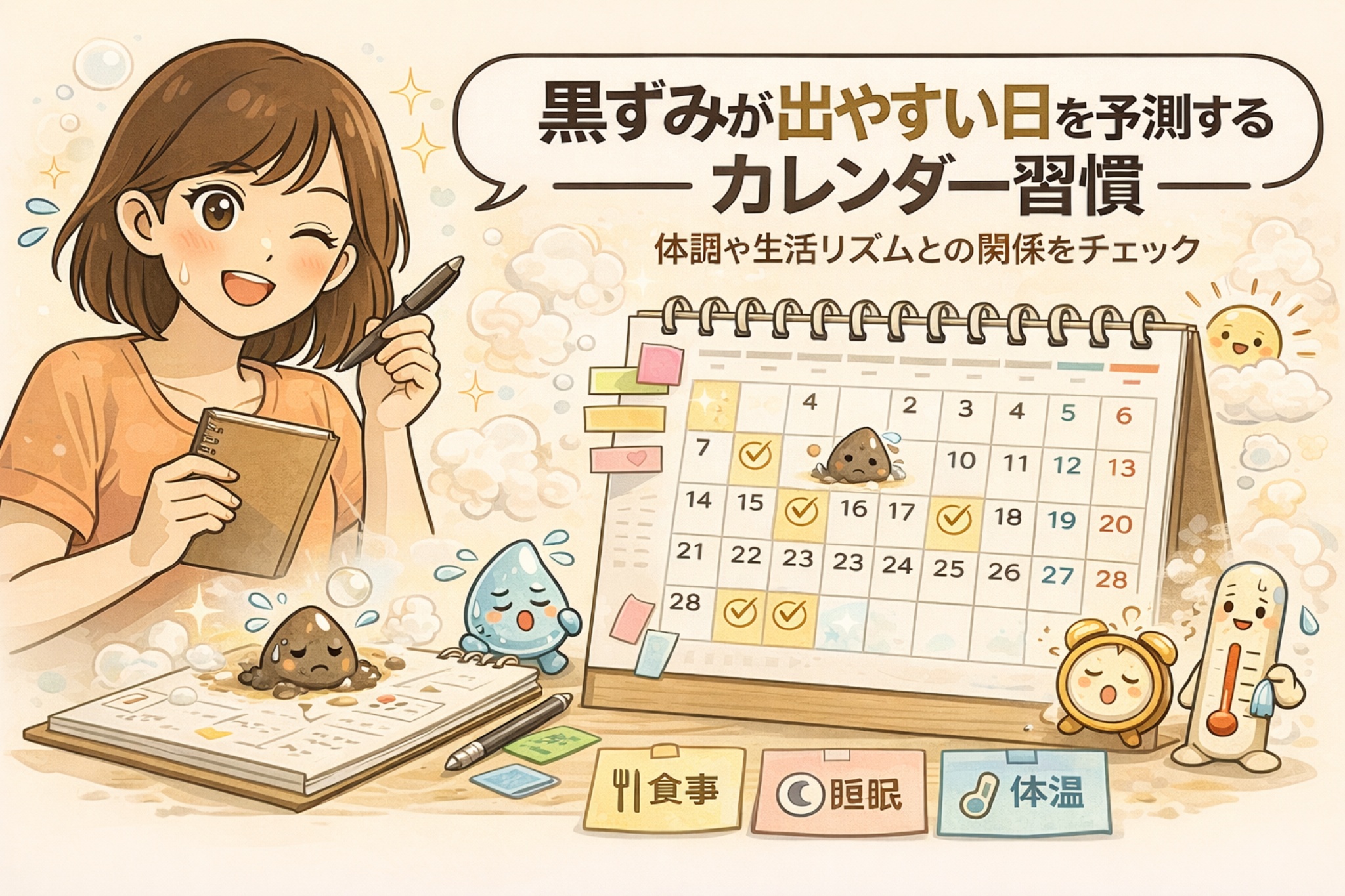 黒ずみが出やすい日を予測するための「カレンダー習慣」を解説するイラスト。左では女性が手帳にメモを取りながら肌状態を記録し、右にはチェックマーク付きのカレンダーが描かれている。下部には食事・睡眠・体温など生活リズムのアイコンが並び、体調や生活習慣と黒ずみ発生の関係を可視化して管理する考え方を示している構図。