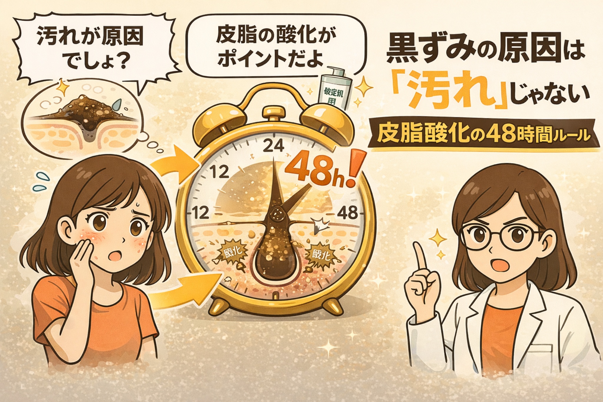 黒ずみの原因は汚れではなく、皮脂の酸化であることを「48時間ルール」で解説した図解イラスト。毛穴内の皮脂が時間経過とともに酸化・固化して黒ずみになる過程を、時計（48h表示）と毛穴断面の擬人化キャラクターで表現している。悩む女性と白衣の専門家が対話し、黒ずみ＝汚れという誤解を正す構図。