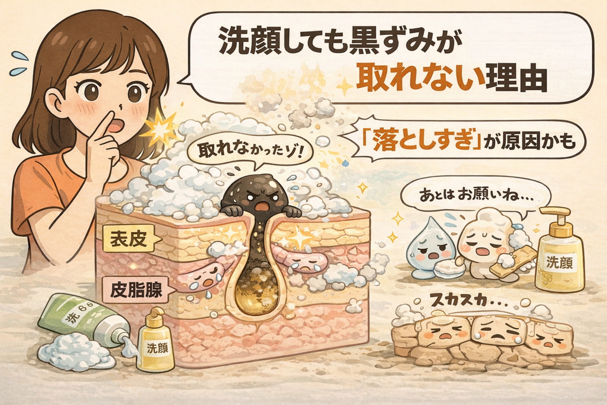 洗顔しても黒ずみが取れない理由を解説するイラスト。泡で洗っても毛穴奥に残る黒ずみ角栓が断面図で描かれ、「落としすぎ」が原因になる可能性を示している。表皮や皮脂腺の構造とともに、洗いすぎで乾燥した肌キャラクターが登場し、洗顔中心ケアの限界と黒ずみ再発の仕組みをやさしく説明している。