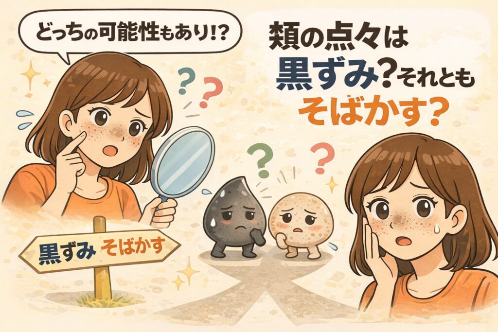頬の点々が黒ずみなのか、そばかすなのかを見分ける疑問を解説するイラスト。鏡を持って頬を確認する女性と、黒ずみを表す暗いキャラクター、そばかすを表す明るいキャラクターが並んで描かれている。「どちらの可能性もあり？」という問いかけと分岐イメージにより、頬の点状トラブルは黒ずみとそばかすの両方の可能性があることをわかりやすく示している。